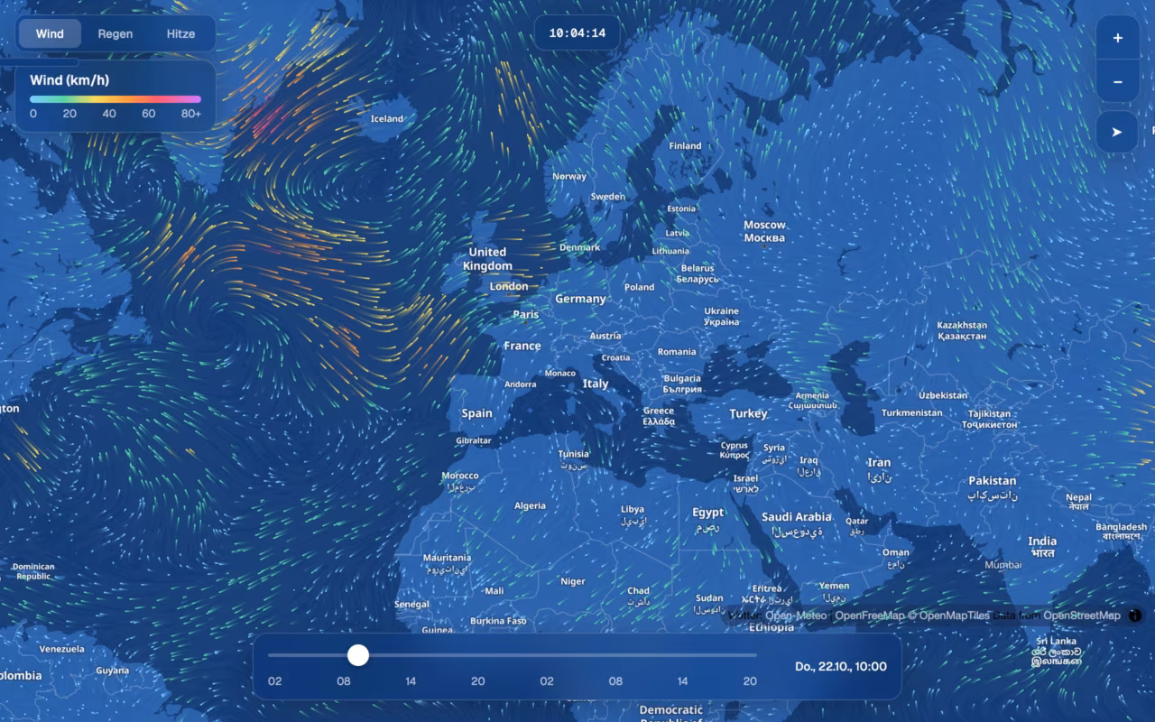 Wind map at wetter.serkanzararsiz.com: coloured wind particles over the North Atlantic and Europe