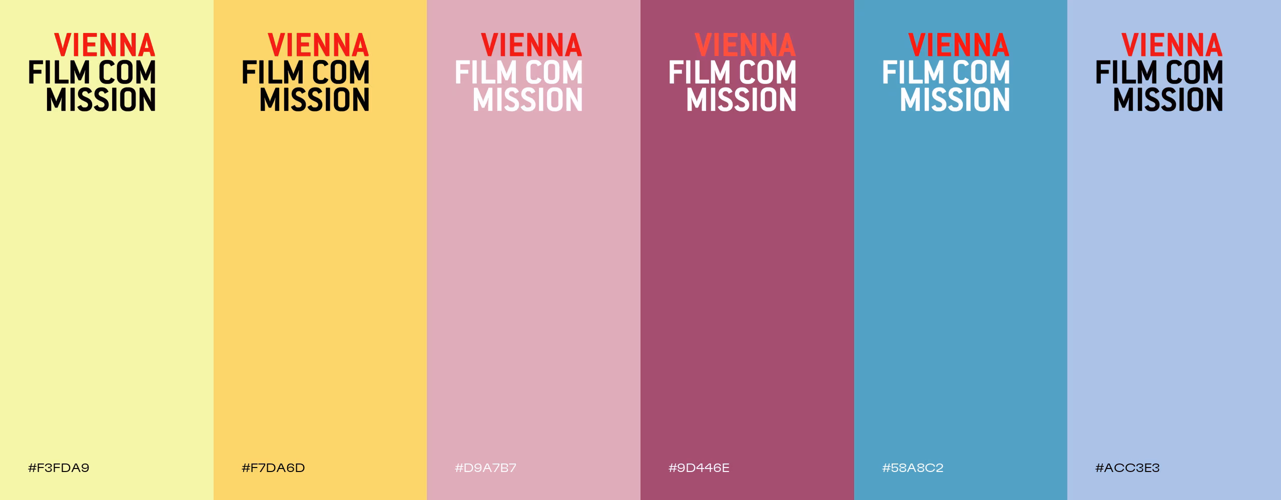 Six colour directions as swatches, each with the logotype in its colourway