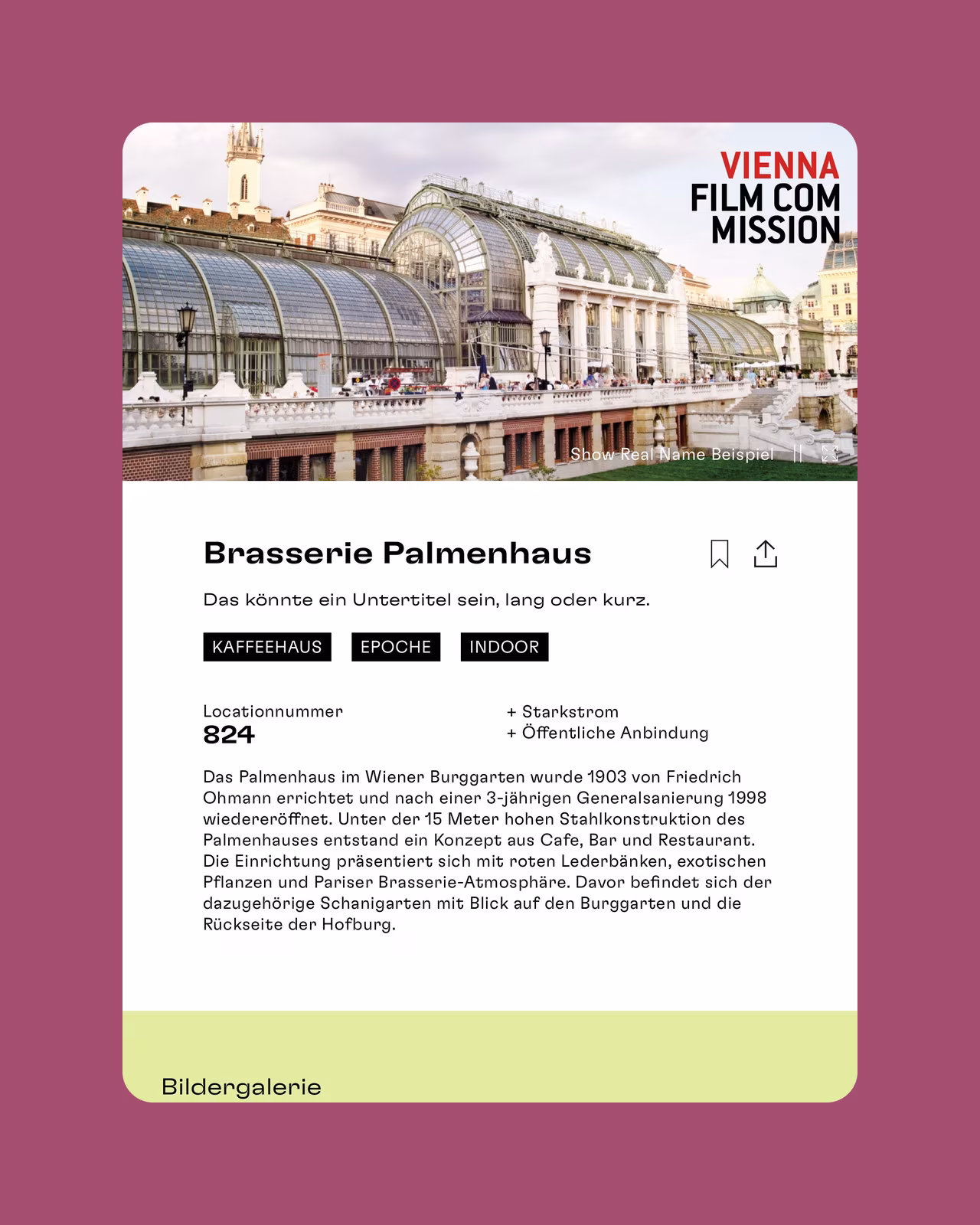 Location detail page on tablet: Brasserie Palmenhaus with tags and gallery