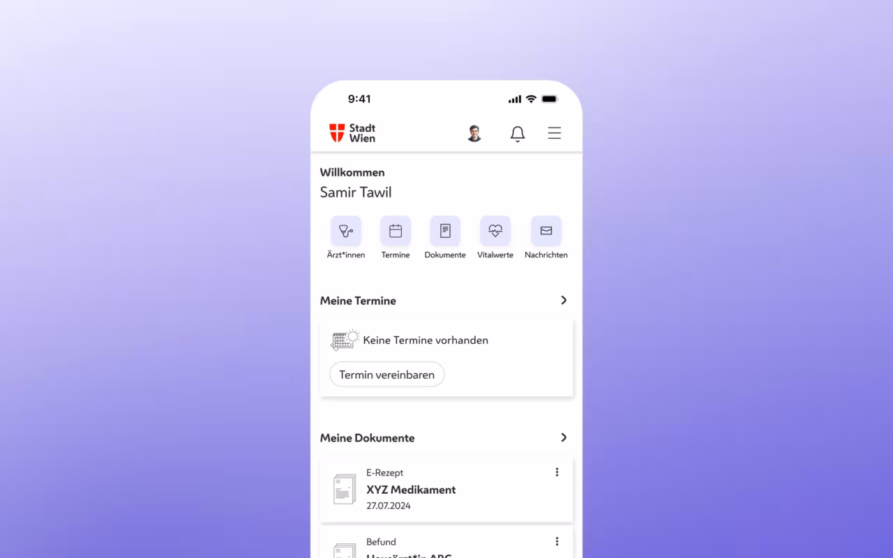 Gesundheitsportal: the logged-in portal on a purple gradient