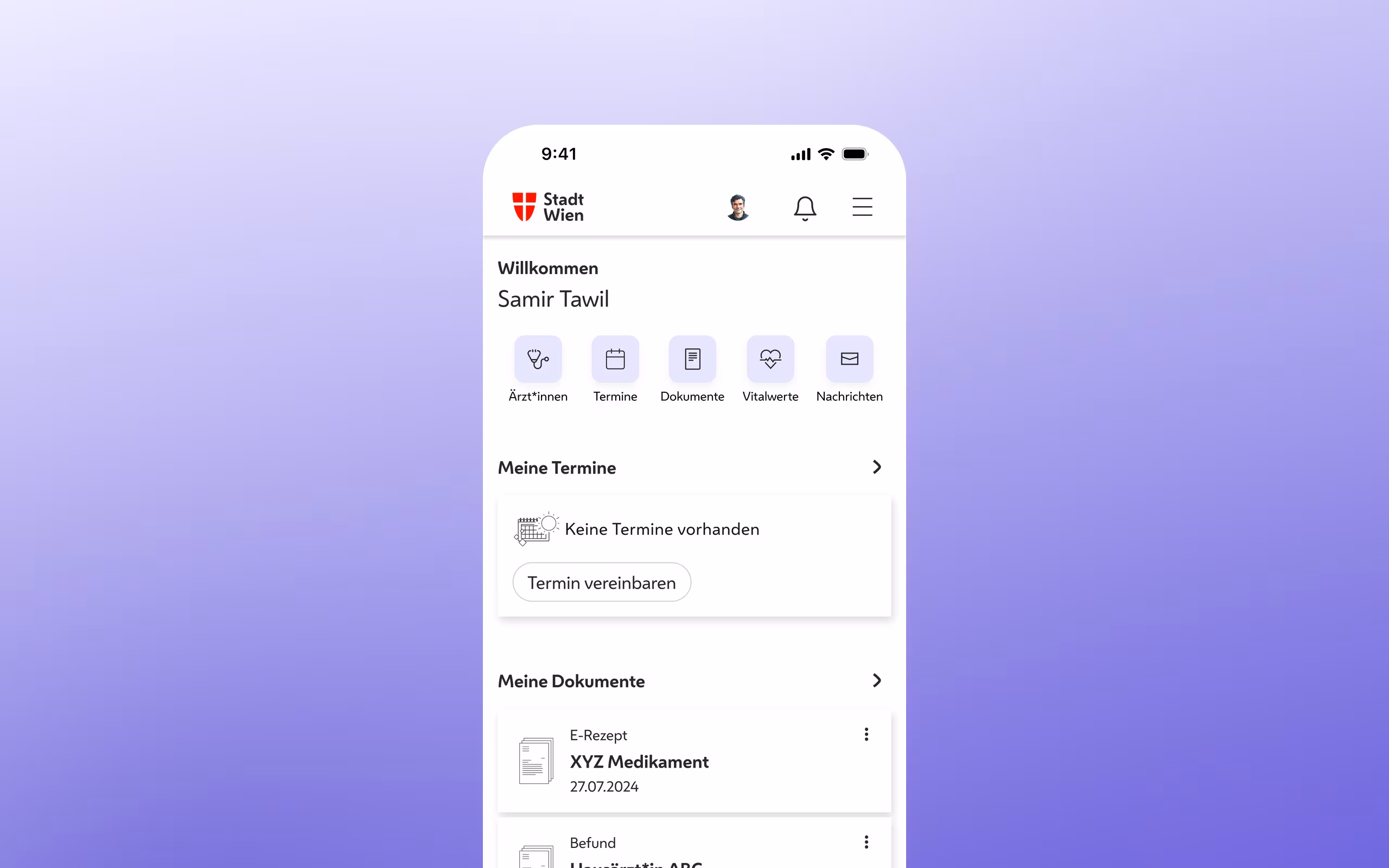 Gesundheitsportal: the logged-in portal on a purple gradient