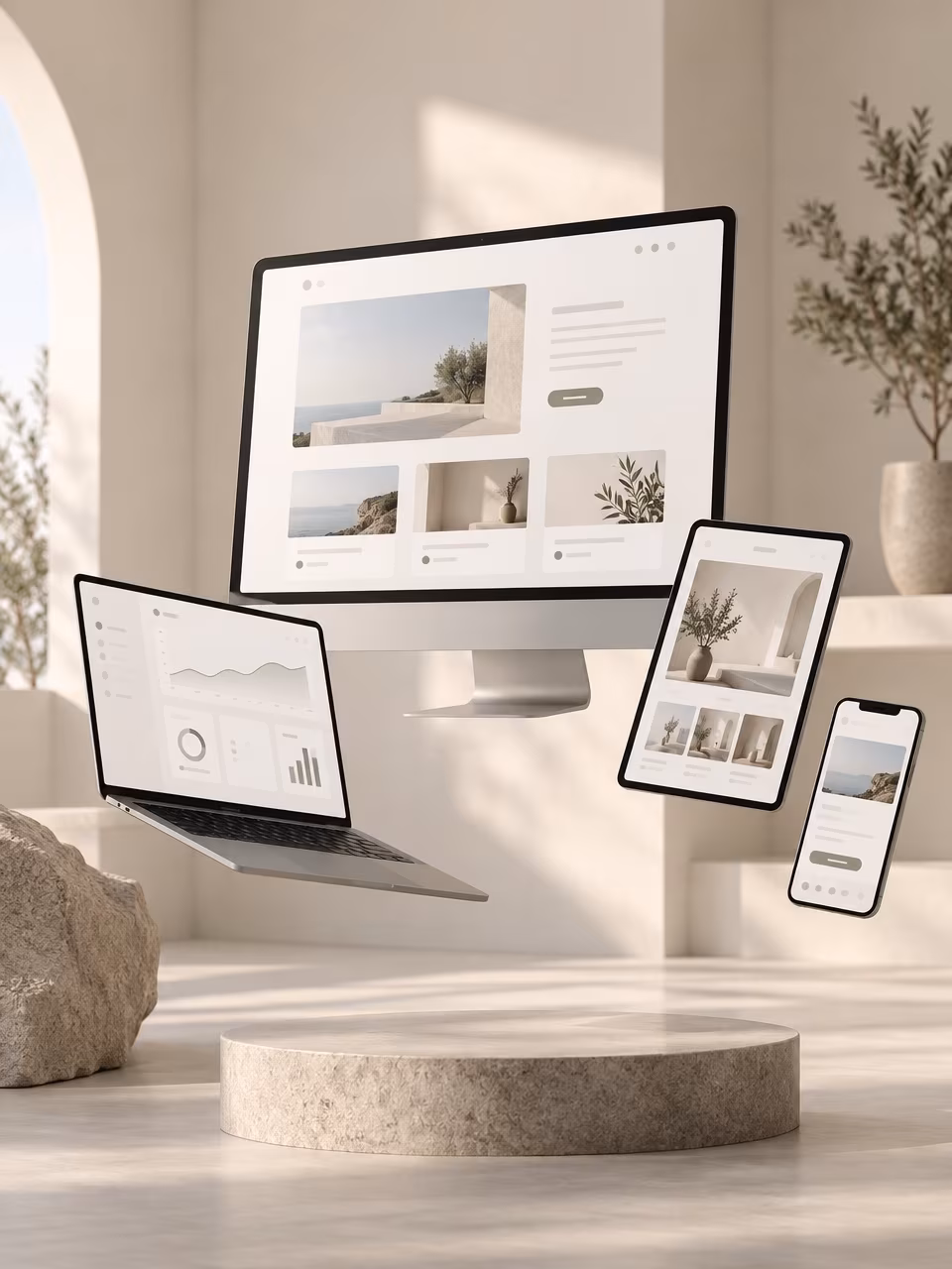 A desktop screen, laptop, tablet and phone floating in a bright room, all showing the same website